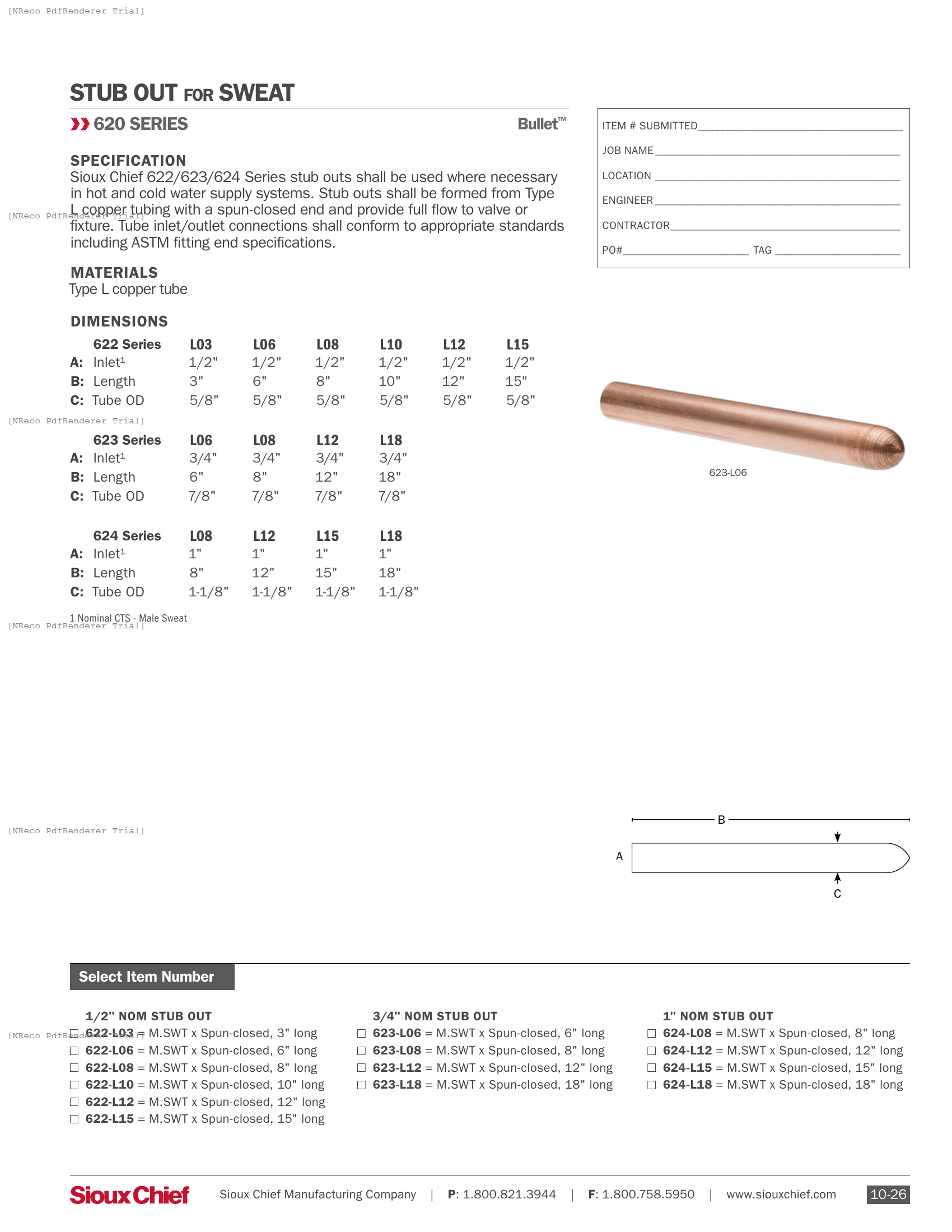 620 SERIES - STUB OUT - SPEC SHEET.PDF Specification Document